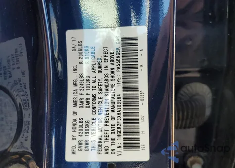 2017 Honda Accord Lx from USA, damaged, VIN 1HGCR2F3XHA209964
